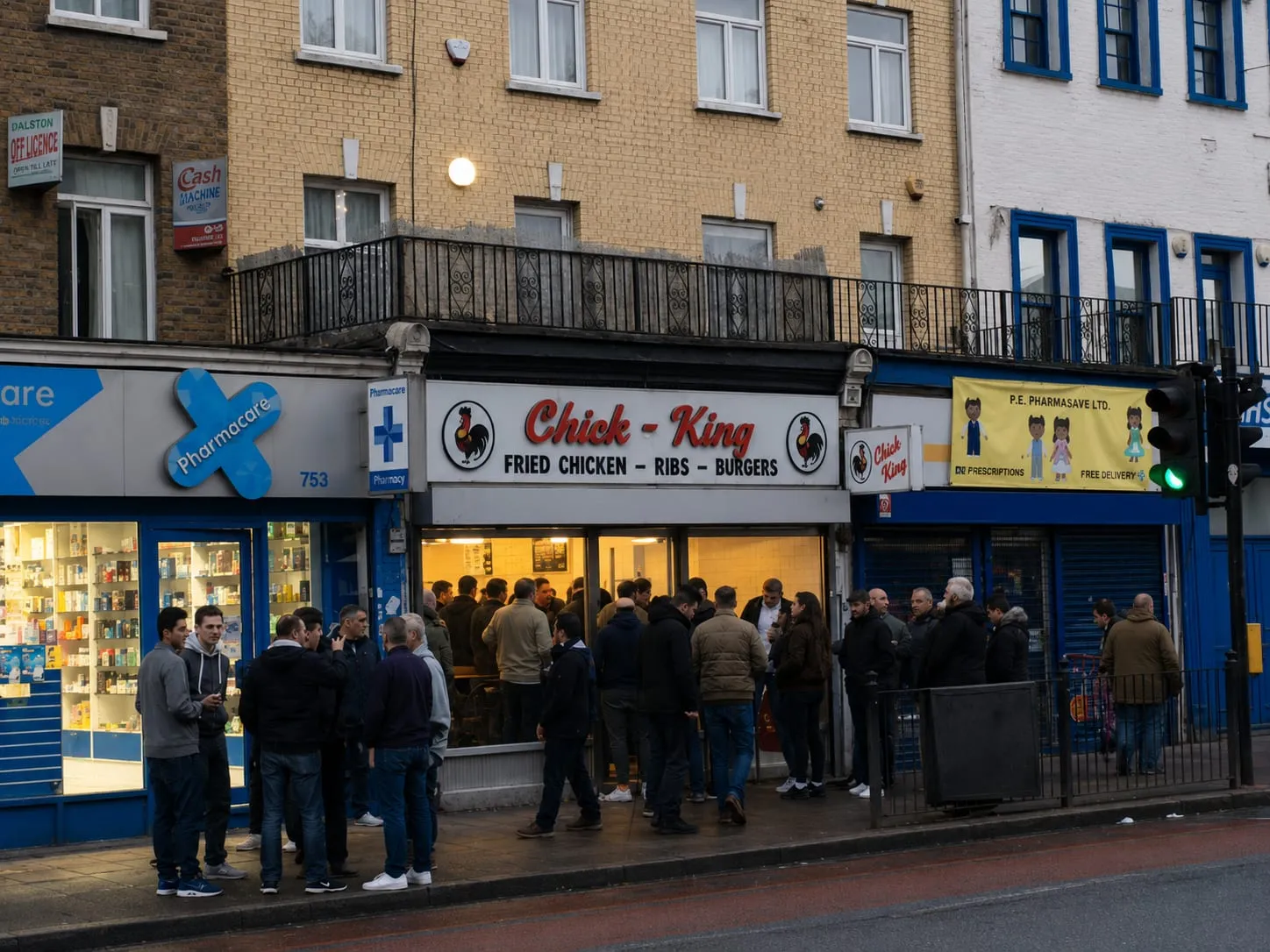 Customers gathered outside the lit Chick King shopfront in the evening