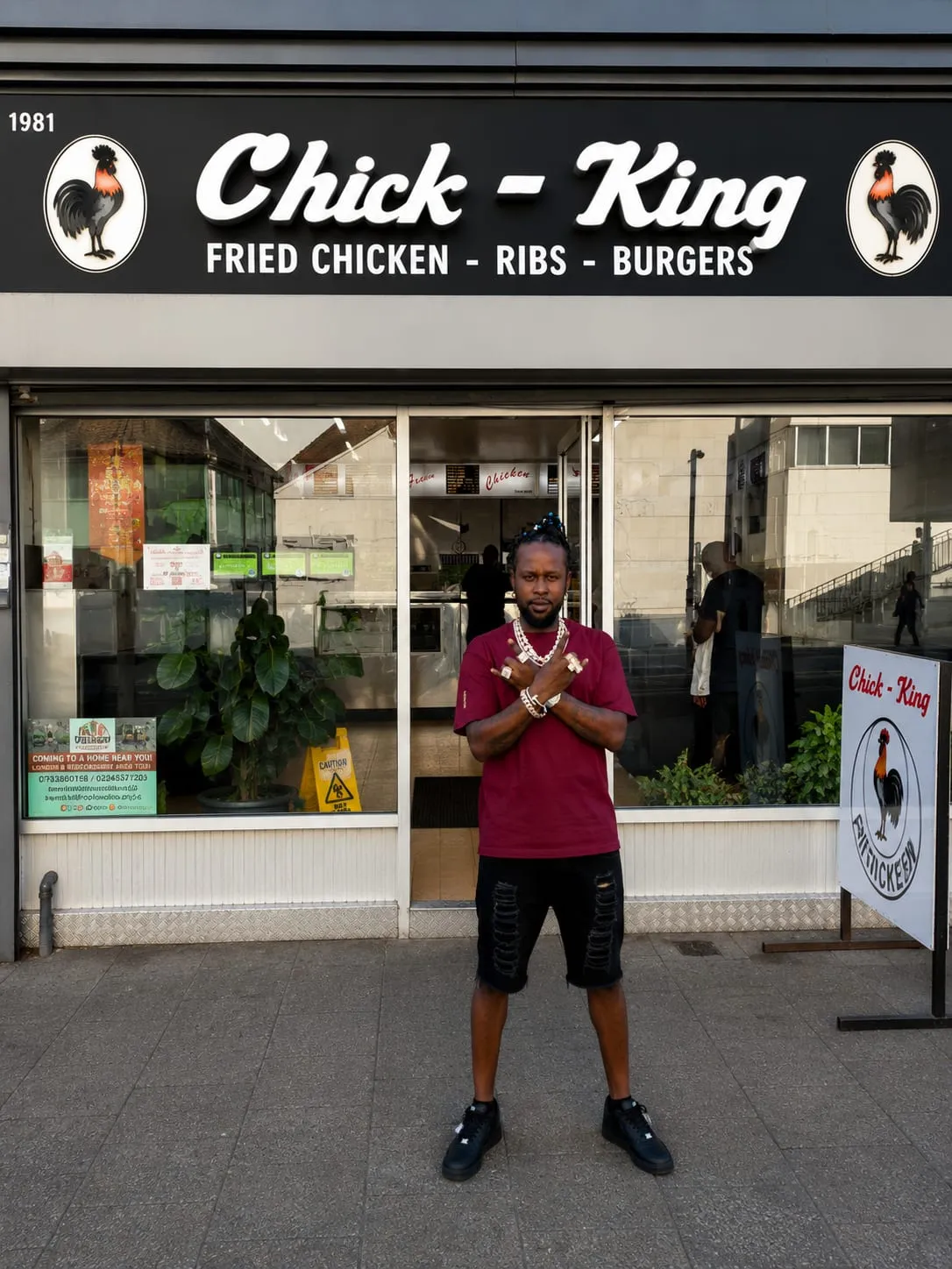 A customer standing in the doorway of Chick King