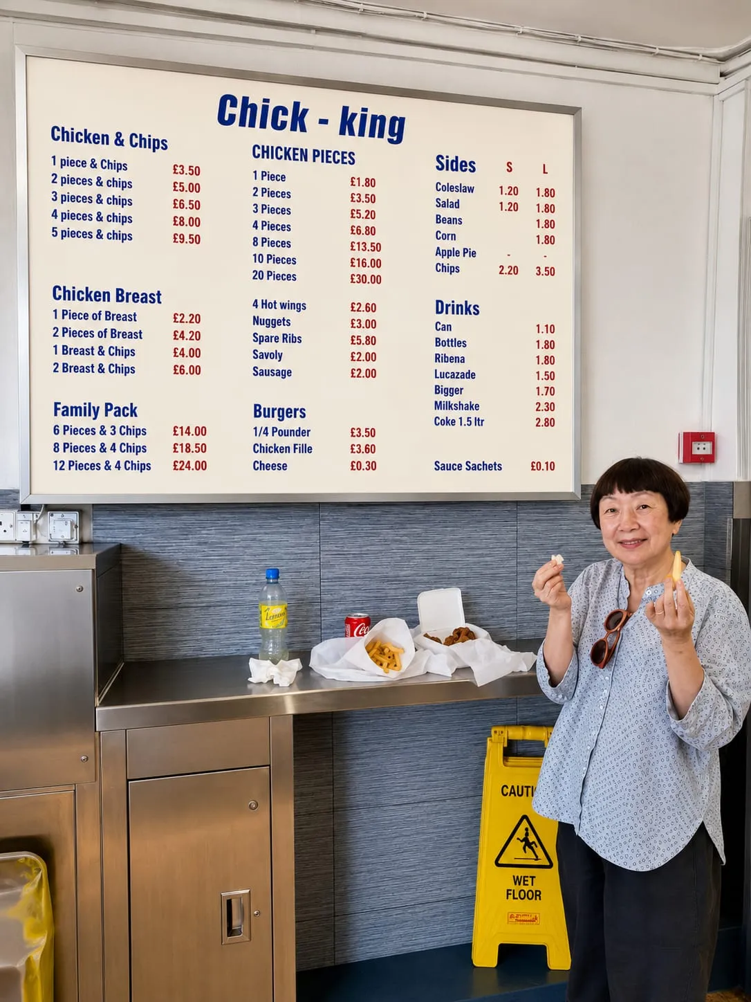 A customer eating chicken and chips under the Chick King menu board