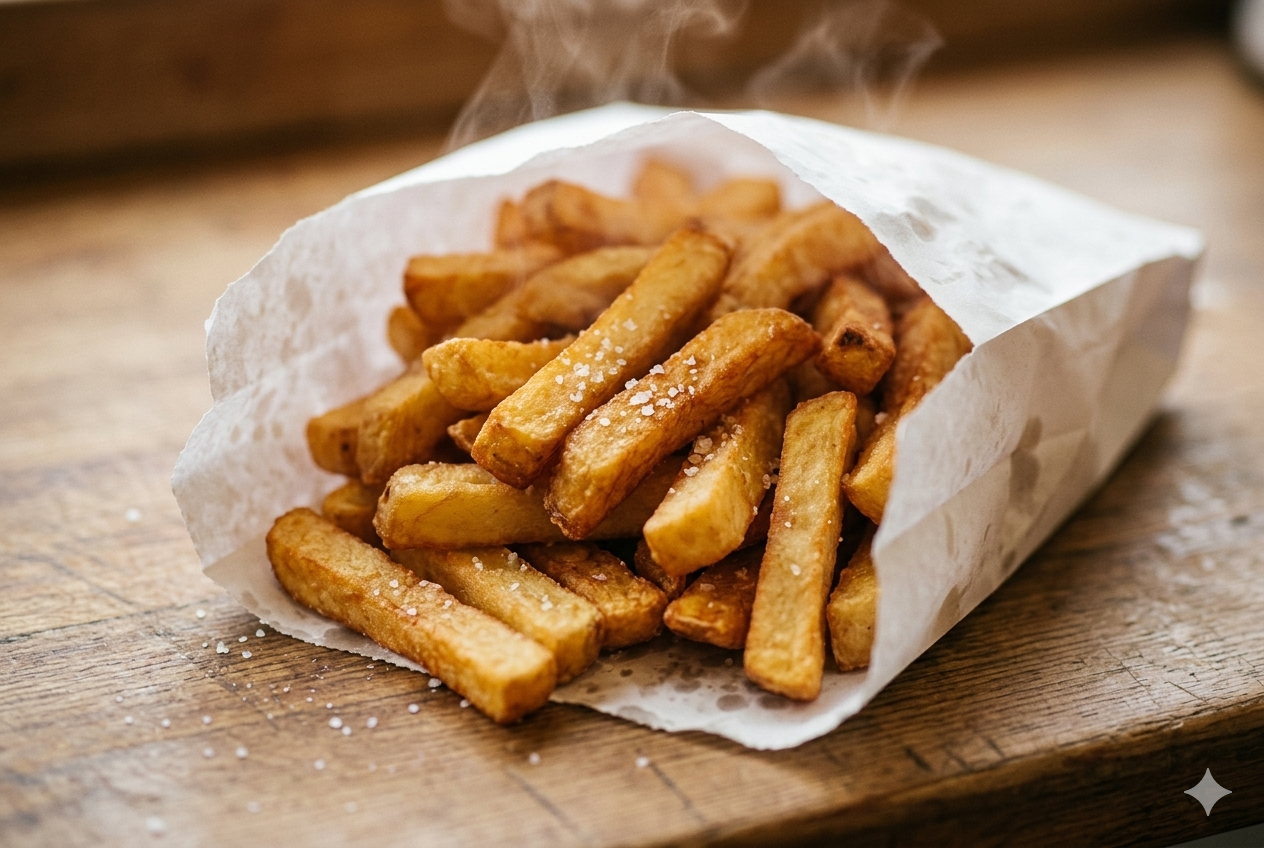 Thick-cut golden chips fresh and piping hot