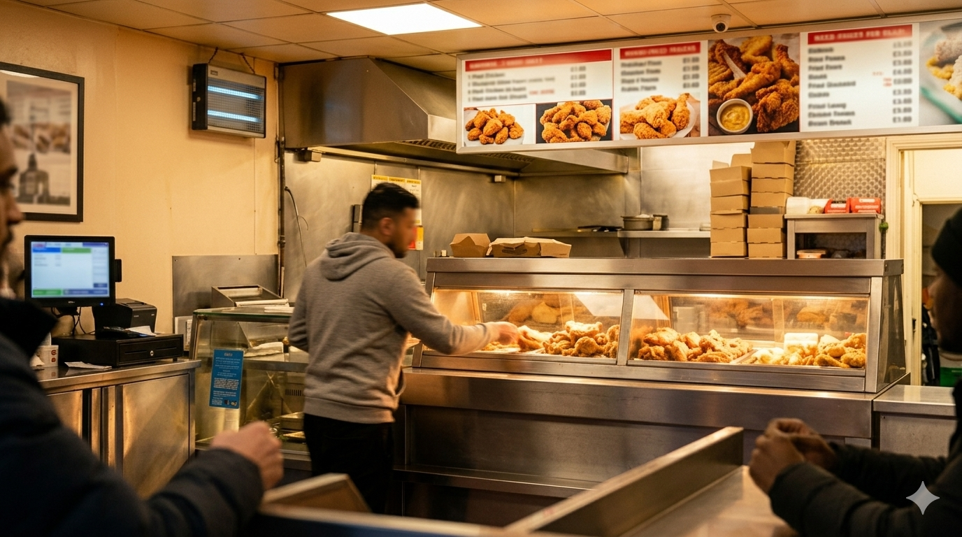 Inside Chick King -- the counter and warmly lit shop interior