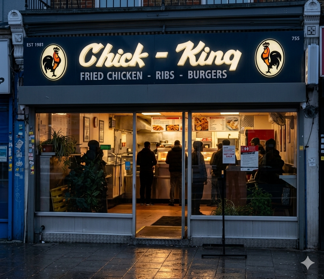 Chick King storefront in the evening